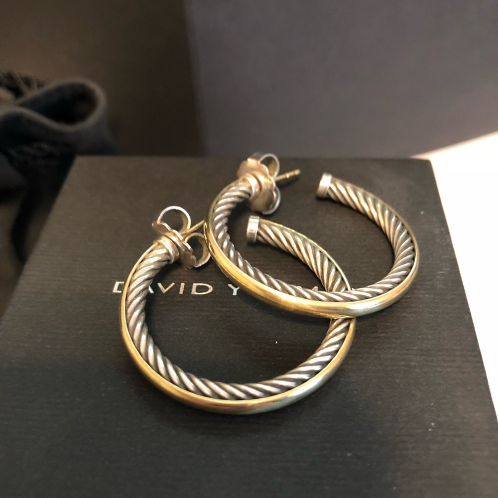 David Yurman 18k and SS Cable Hoop Earrings 1.25”